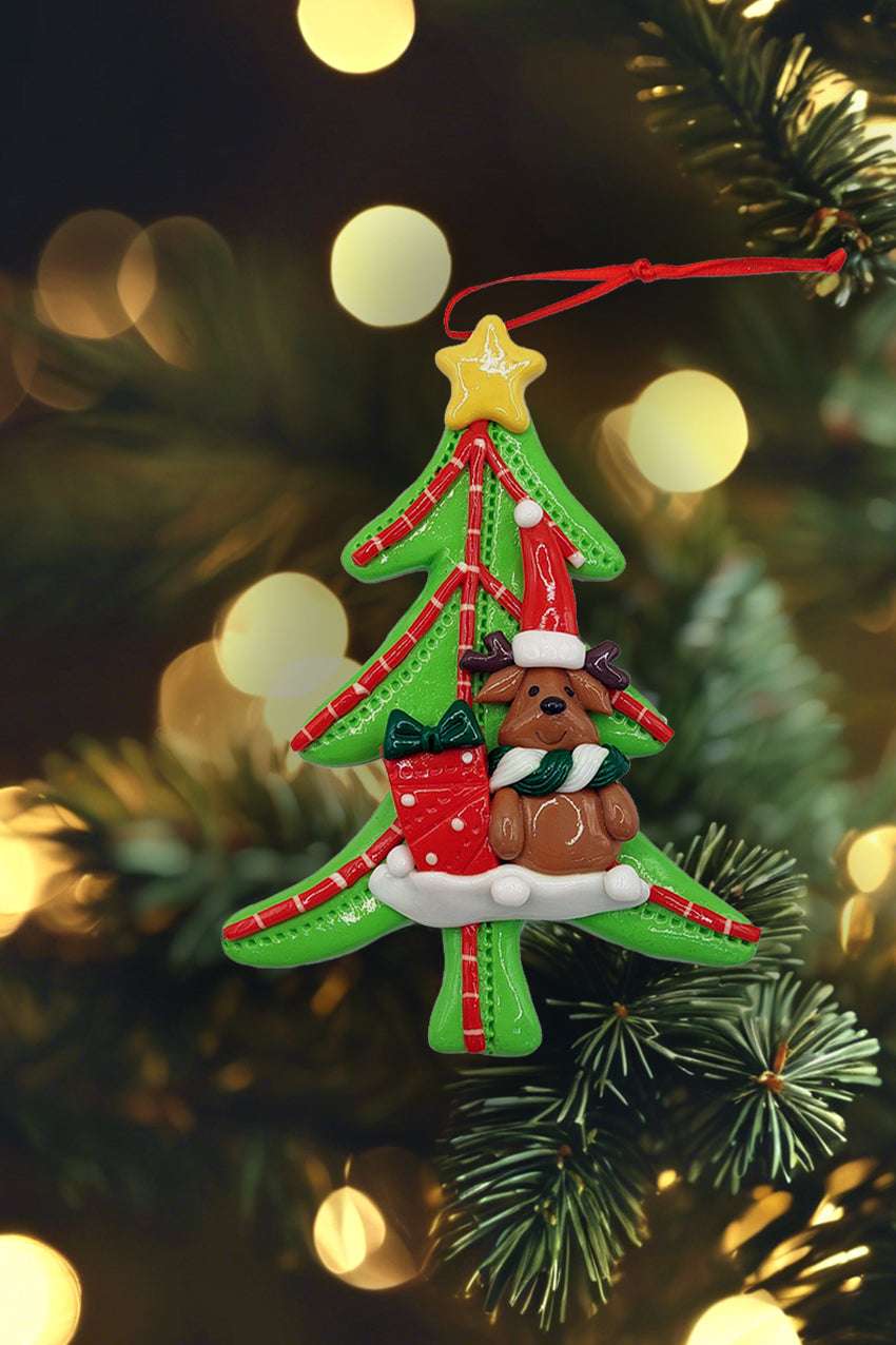 Christmas Ornament - Glossy Gingerbread Tree with Reindeer. Wizardi Festive Decoration F07-N2-12-AA453A