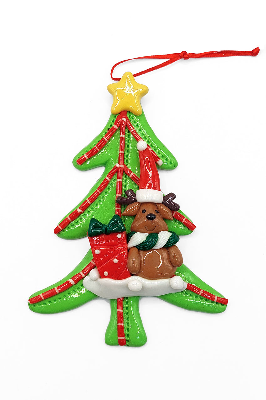 Christmas Ornament - Glossy Gingerbread Tree with Reindeer. Wizardi Festive Decoration F07-N2-12-AA453A
