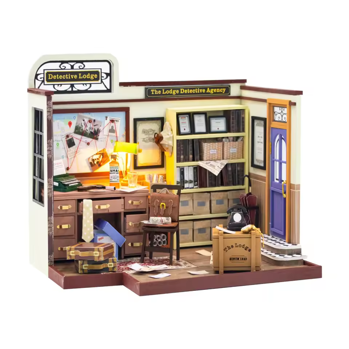 Detective Lodge Dollhouse Kit - Miniature Wizardi Roombox Kit with LED Light F07M51-82-PC2308