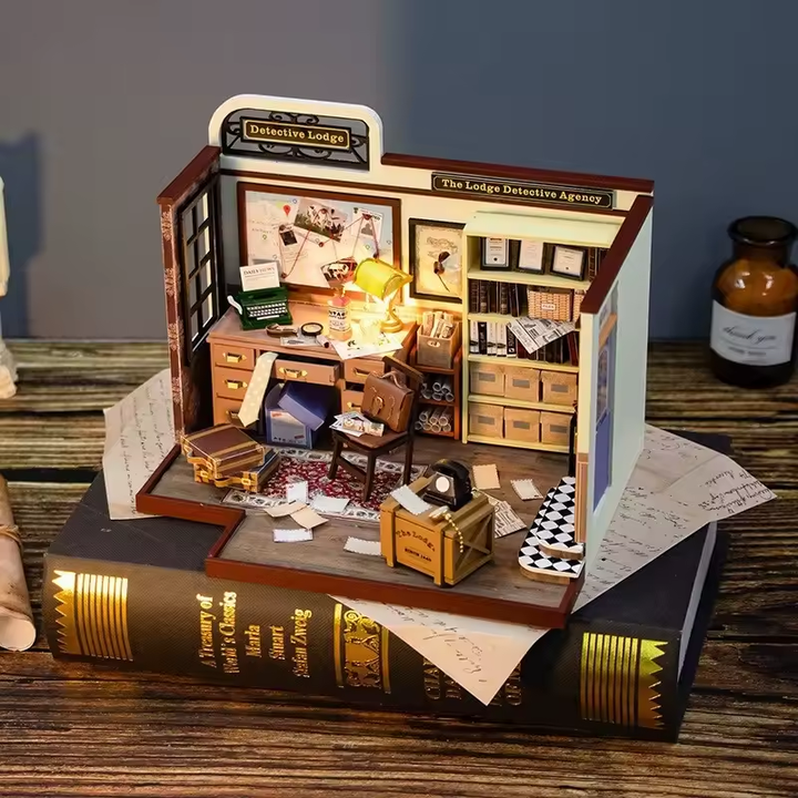 Detective Lodge Dollhouse Kit - Miniature Wizardi Roombox Kit with LED Light F07M51-82-PC2308