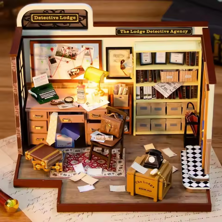Detective Lodge Dollhouse Kit - Miniature Wizardi Roombox Kit with LED Light F07M51-82-PC2308