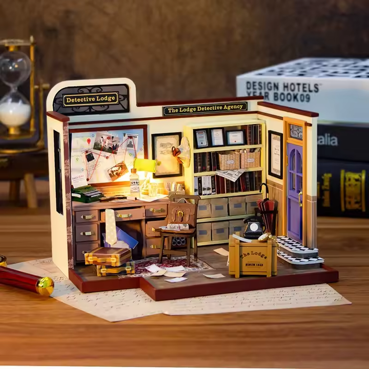 Detective Lodge Dollhouse Kit - Miniature Wizardi Roombox Kit with LED Light F07M51-82-PC2308