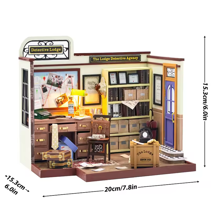 Detective Lodge Dollhouse Kit - Miniature Wizardi Roombox Kit with LED Light F07M51-82-PC2308