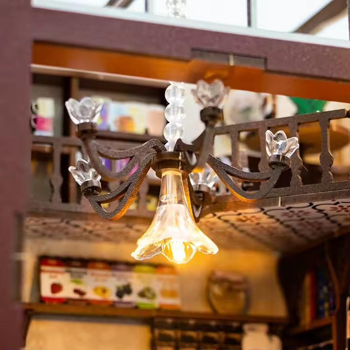 Coffee House Dollhouse Kit - Miniature Wizardi Roombox Kit with LED Light F07M51-84-M2411