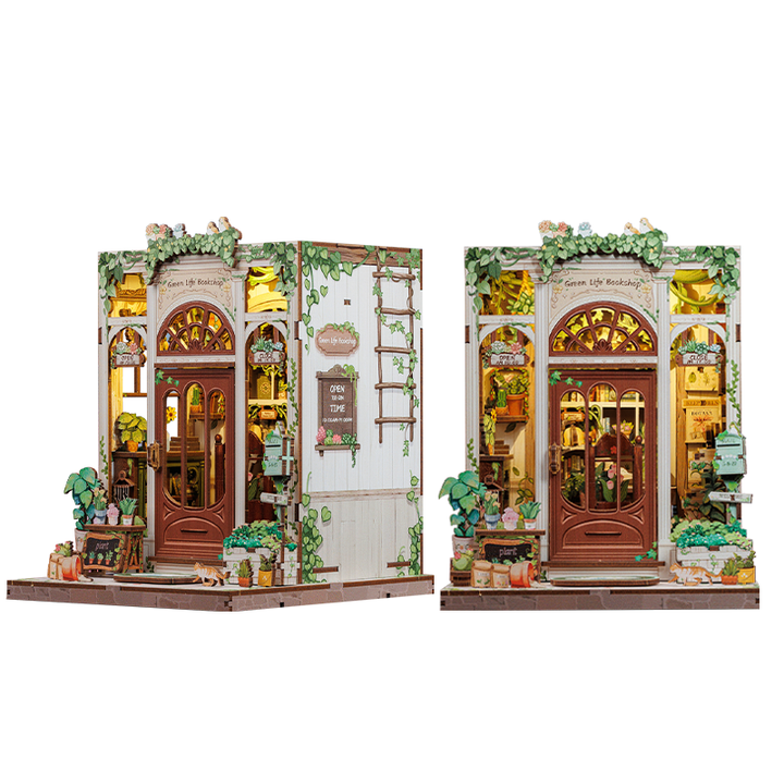 Green Life Bookshop Dollhouse Kit - Miniature Wizardi Roombox Kit with LED Light F07M51-88-CWGC203