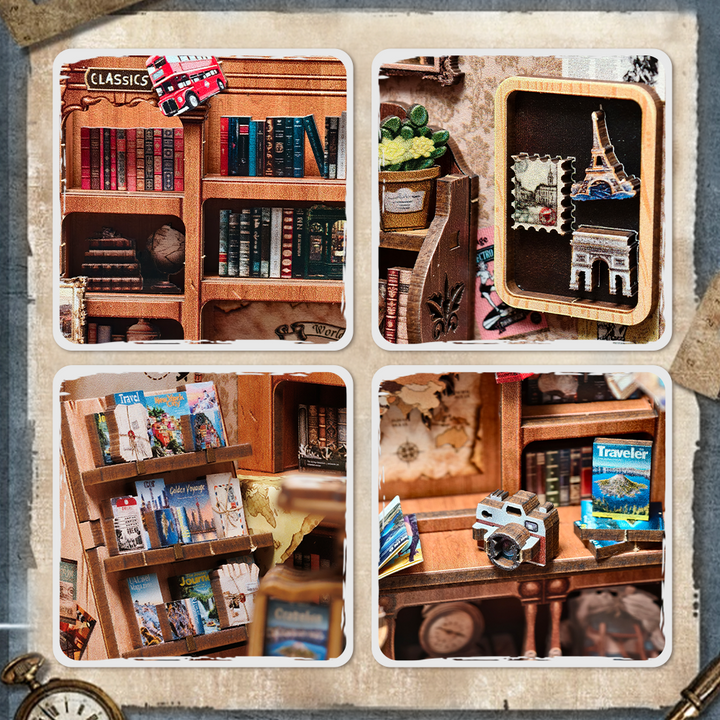 Journey Trace Bookshop Dollhouse Kit - Miniature Wizardi Roombox Kit with LED Light F07M51-89-CWGC204