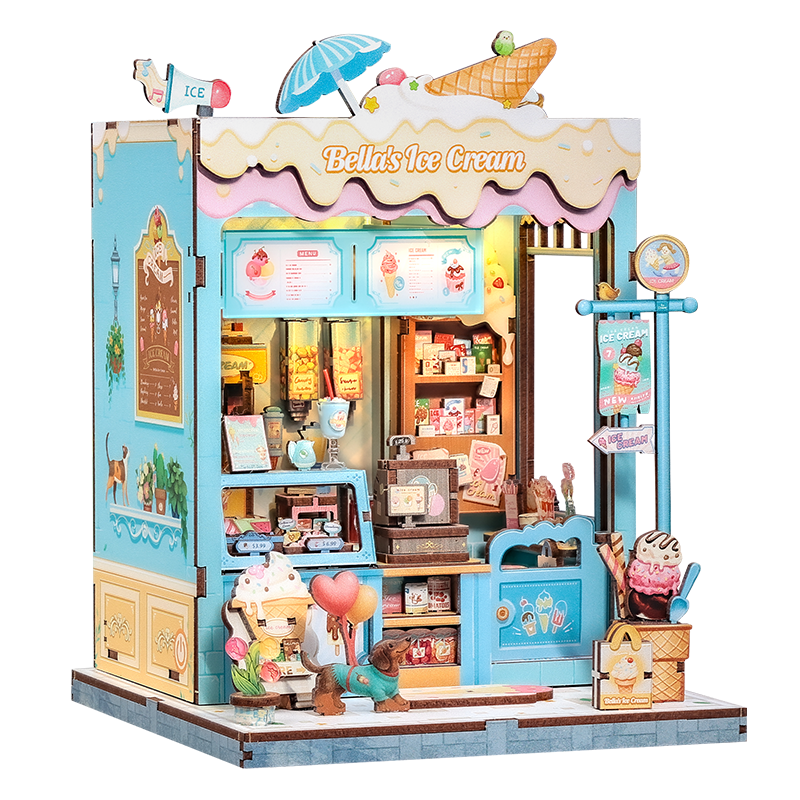 Bella's Ice Cream Dollhouse Kit - Miniature Wizardi Roombox Kit with LED Light F07M51-93-CWGC212