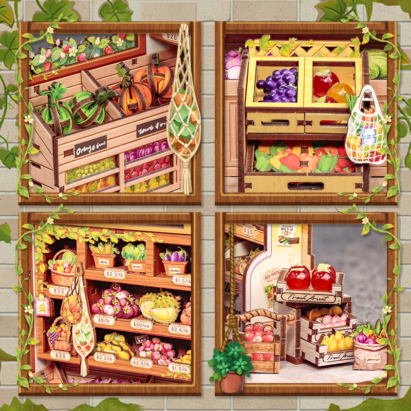 The Greens' Grocery Dollhouse Kit - Miniature Wizardi Roombox Kit with LED Light F07M51-94-CWGC213