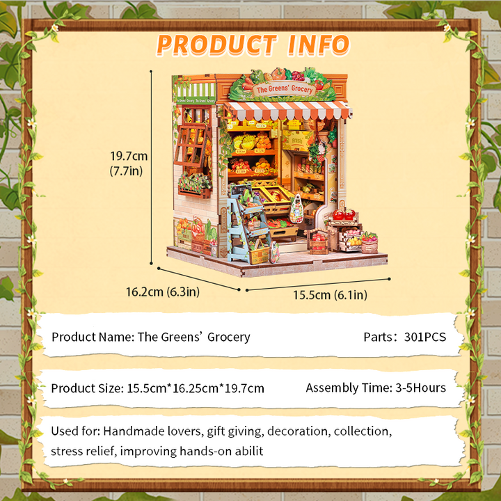 The Greens' Grocery Dollhouse Kit - Miniature Wizardi Roombox Kit with LED Light F07M51-94-CWGC213