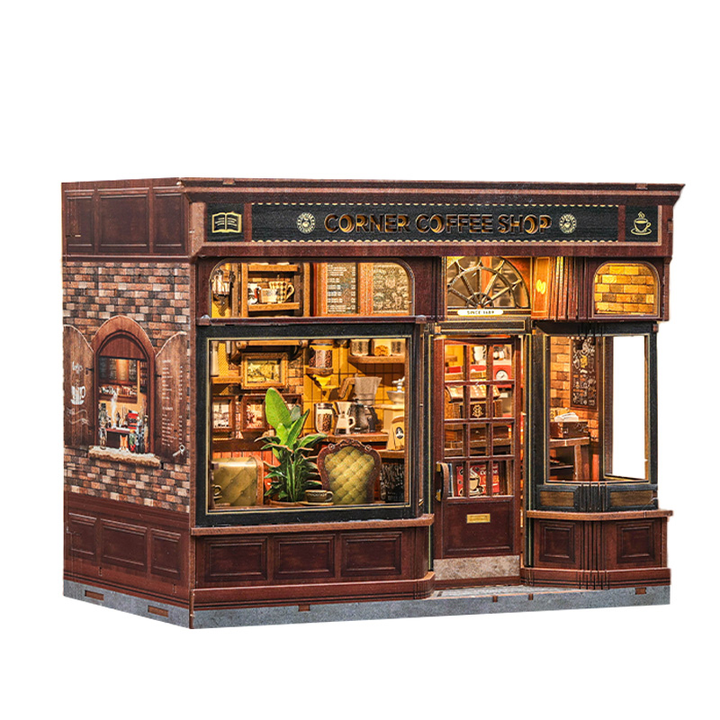 Corner Coffee Shop Dollhouse Kit - Miniature Wizardi Roombox Kit with LED Light F07M51-96-GB402