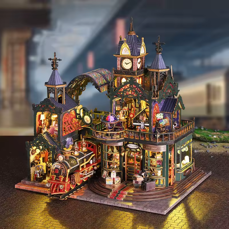 Railway City Dollhouse Kit - Miniature Wizardi Roombox Kit with LED Light F07M51-99-ES019