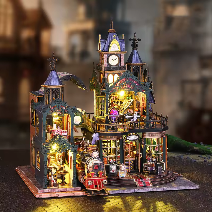 Railway City Dollhouse Kit - Miniature Wizardi Roombox Kit with LED Light F07M51-99-ES019