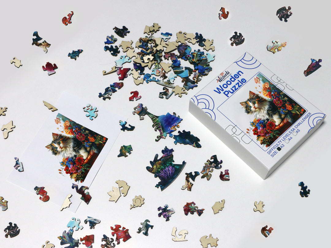 Cat with Flowers - Jigsaw Wooden Puzzle by Wizardi F07N9-15