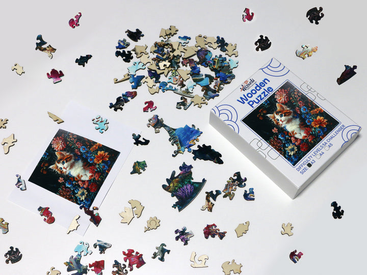Cat in Flowers - Jigsaw Wooden Puzzle by Wizardi F07N9-16