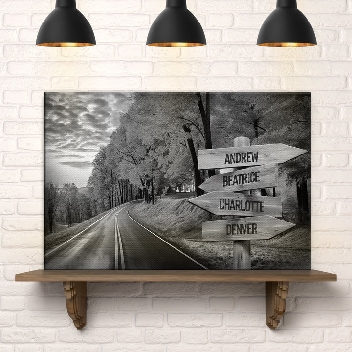 Family Names Monochrome Autumn Roads Sign