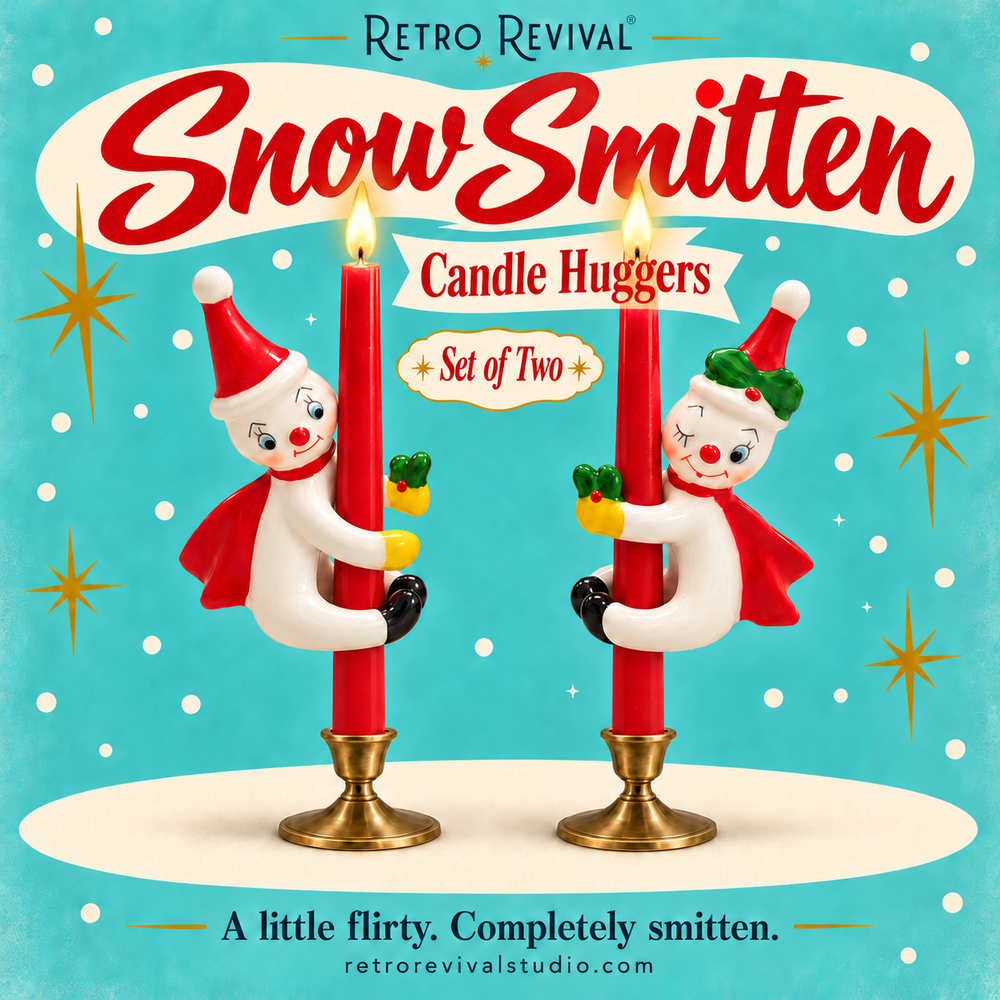 Snow Smitten snowman candle huggers by Retro Revival hugging two red taper candles in brass candlesticks