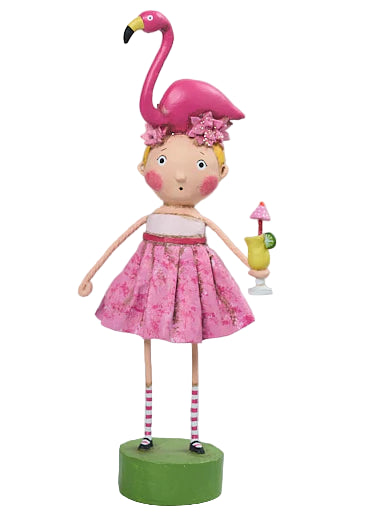 Decorative figurine of a girl with a pink flamingo hat holding a drink, on a light background.