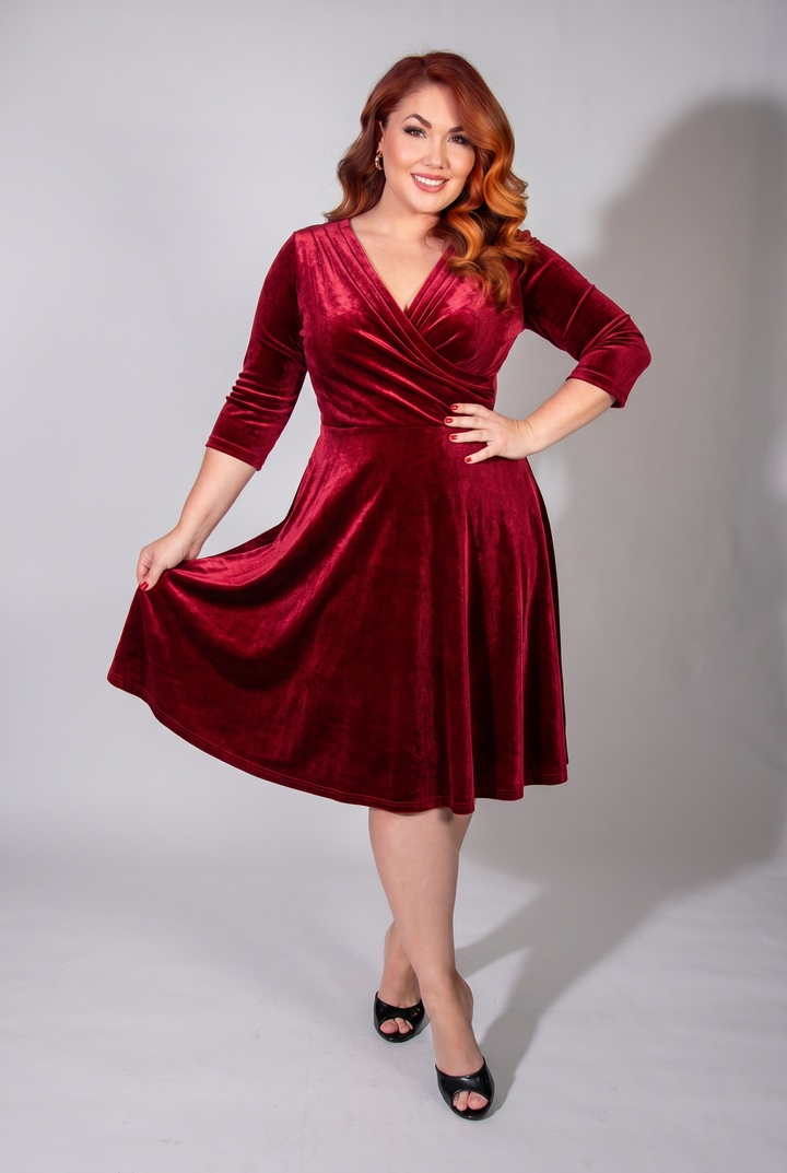 Joanie Knit Dress 3/4 Sleeve - Stretch Velvet, Red