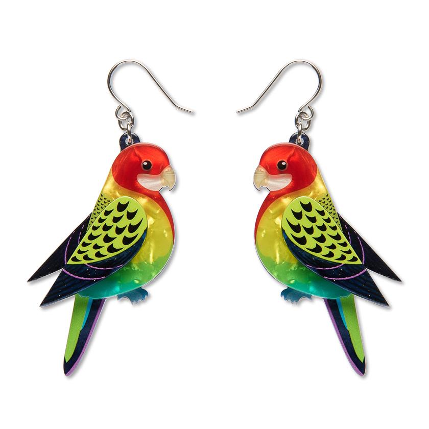 Eastern Rosella Drop Earrings handcrafted enamel by Erstwilder x Royal Botanic Gardens Victoria – front view