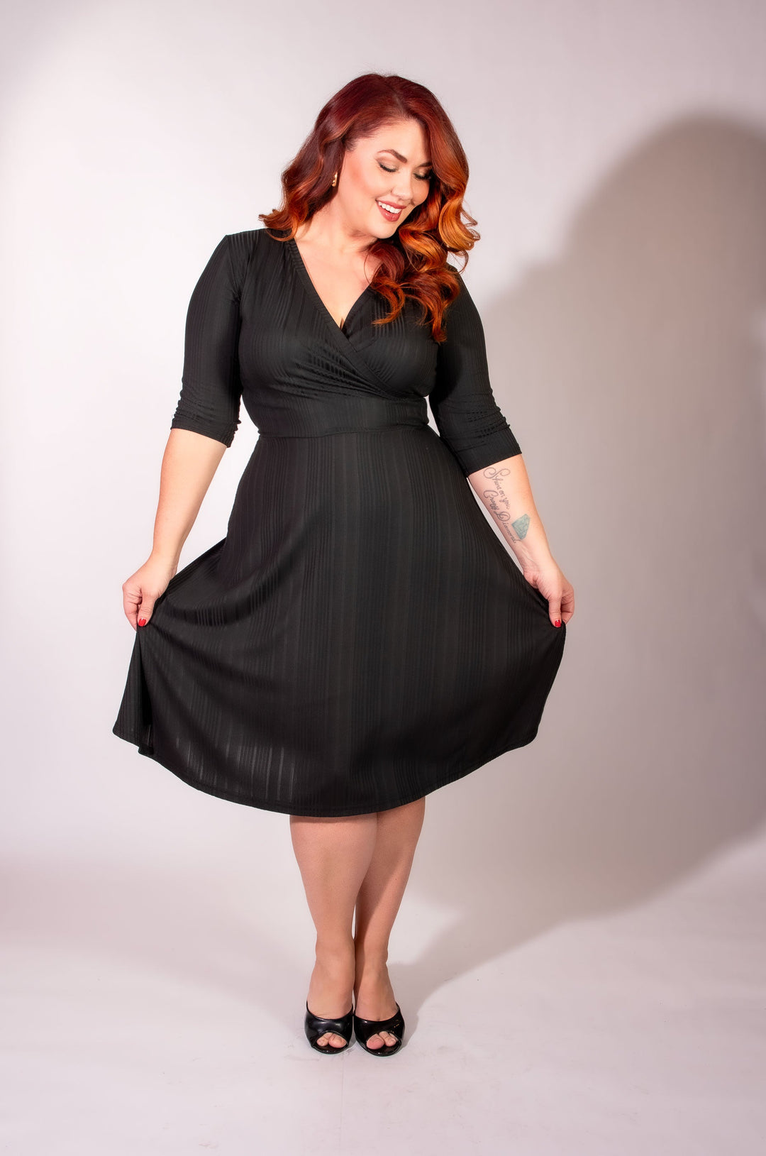 Joanie Knit Dress 3/4 Sleeve - Black Rib Knit