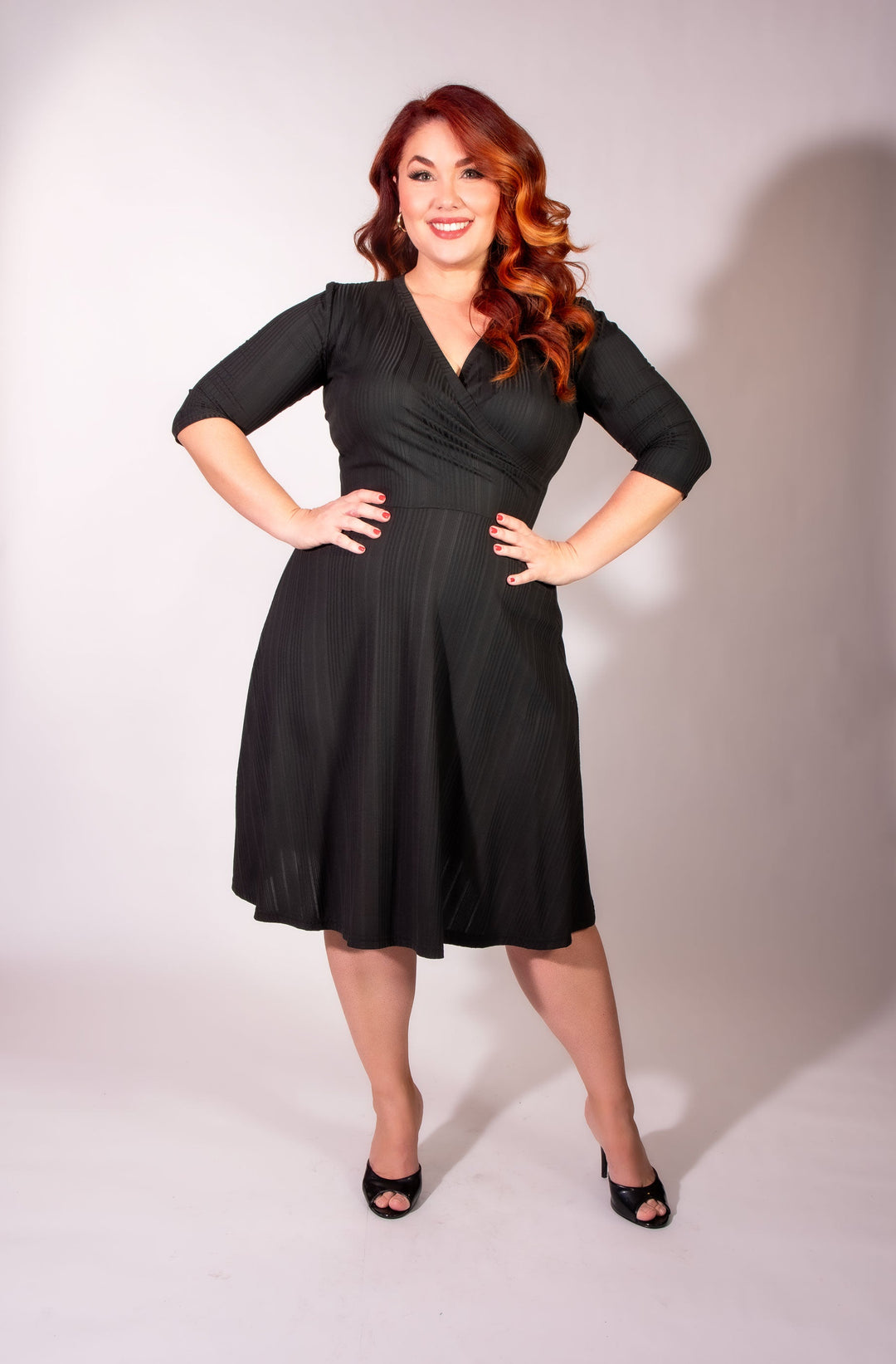Joanie Knit Dress 3/4 Sleeve - Black Rib Knit