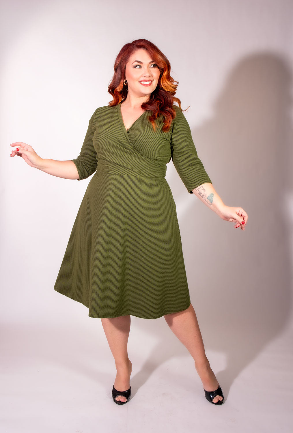Joanie Knit Dress 3/4 Sleeve - Olive, Brushed Rib Knit