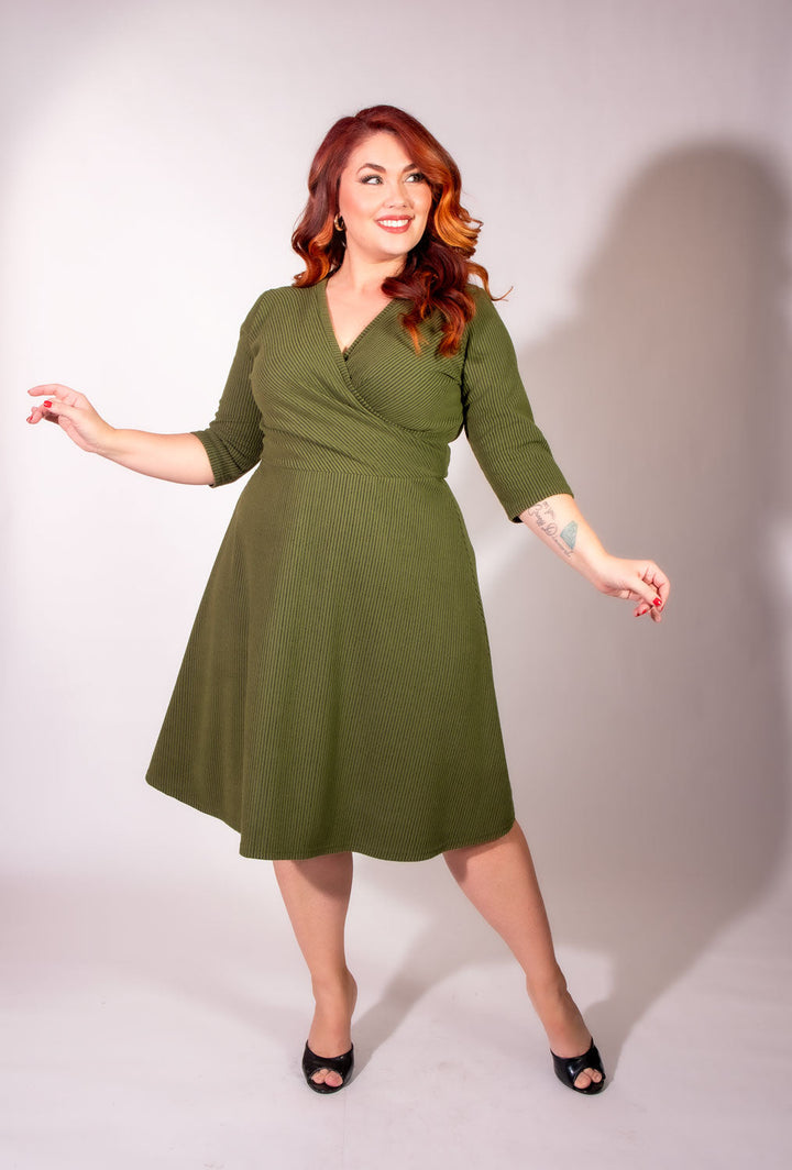 Joanie Knit Dress 3/4 Sleeve - Olive, Brushed Rib Knit
