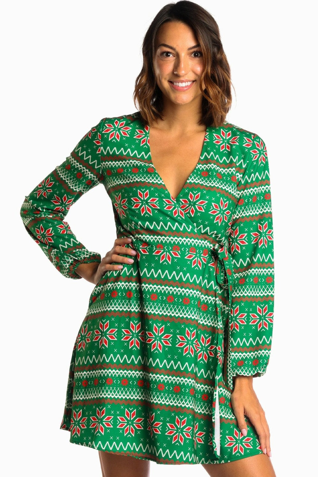 The Kris Kringle | Green Fair Isle Christmas Wrap Dress