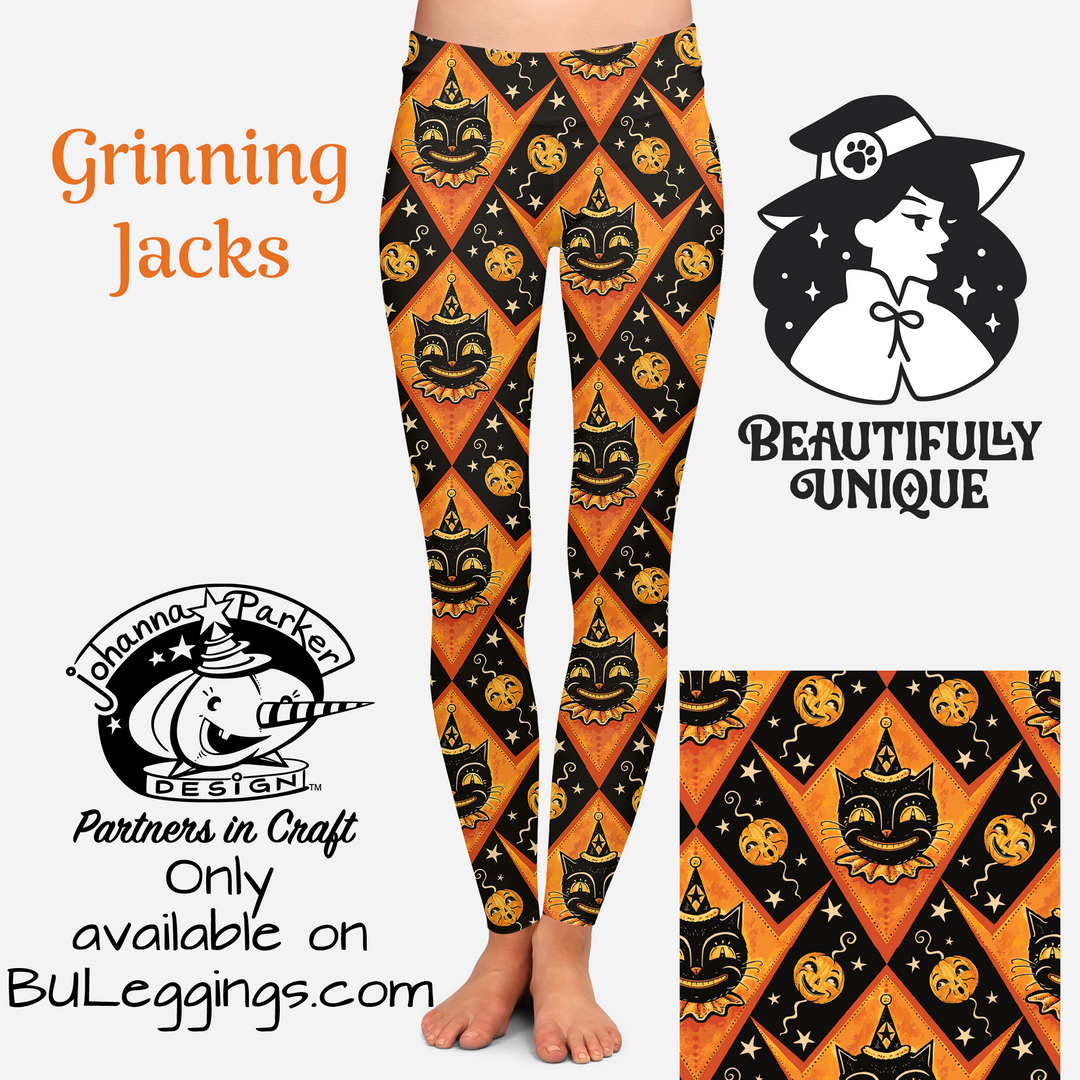 "Grinning Jack" (Johanna Parker Exclusive) Orange Vintage Cat - High-quality Leggings