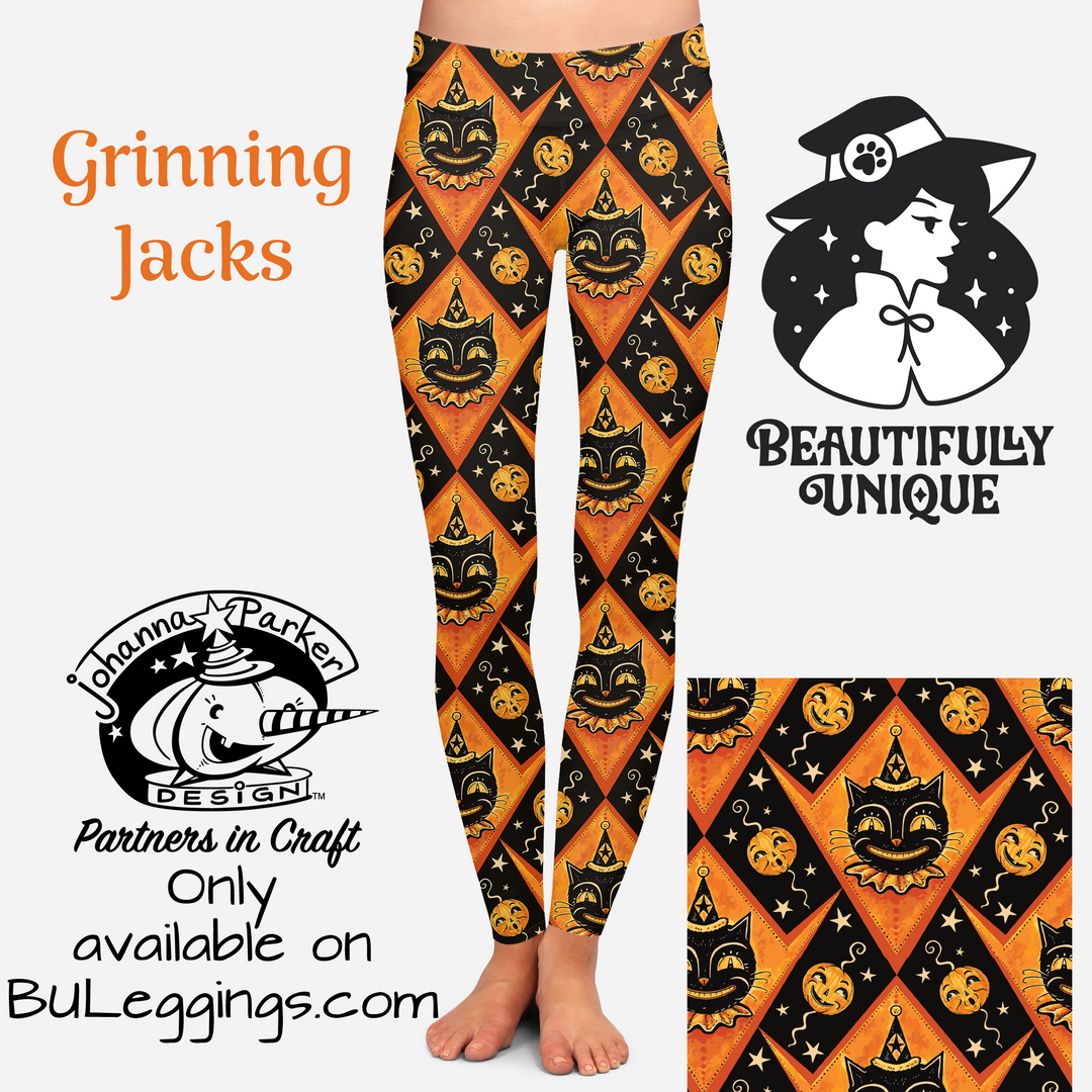 "Grinning Jack" (Johanna Parker Exclusive) Orange Vintage Cat - High-quality Handcrafted Vibrant Leggings