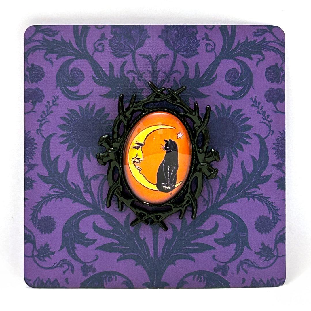 Vintage Halloween Cat on Moon Handmade Cameo Brooch