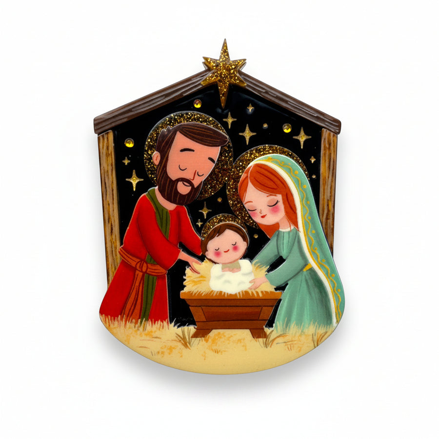 nativity brooch with Mary, Joseph, and baby Jesus in a manger. Holy Night Nativity Brooch by Lipstick & Chrome 