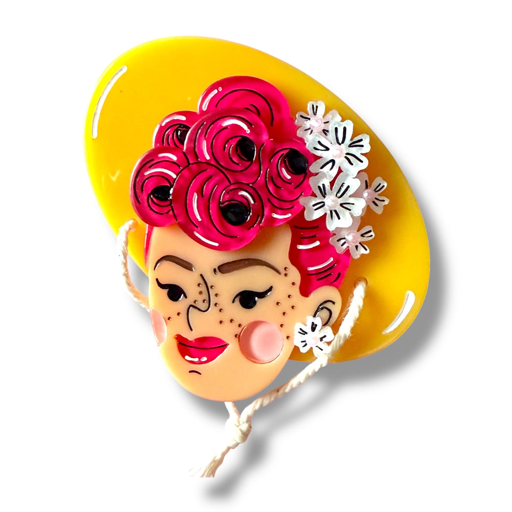 Elizabeth brooch by Marla VonDuta x Lipstick & Chrome — pink victory rolls, 20 layered acrylic elements