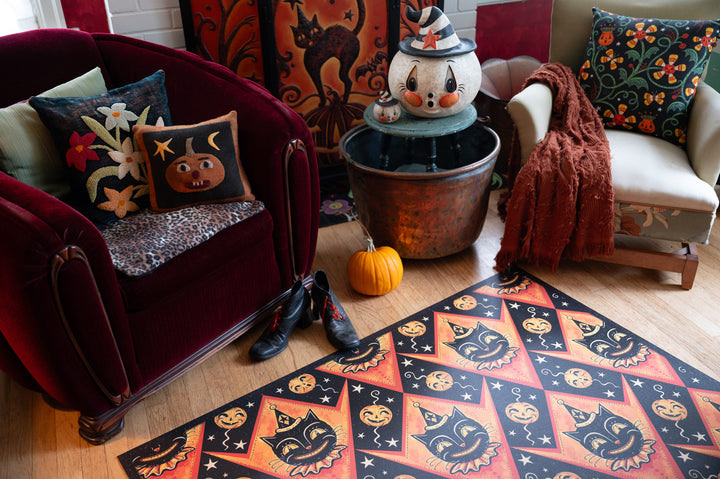 Grinning Black Cat Jack 56” Harlequin Vinyl Floor Decor