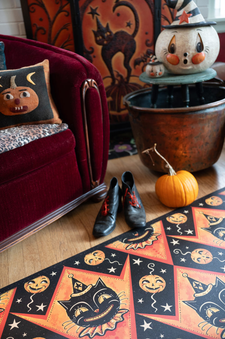 Grinning Black Cat Jack 56” Harlequin Vinyl Floor Decor