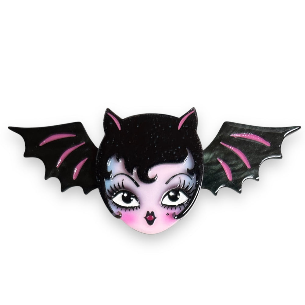 Lily the Vamp Brooch by Miss Fluff x Lipstick & Chrome — retro vampire bat character pin, laser-cut resin acrylic