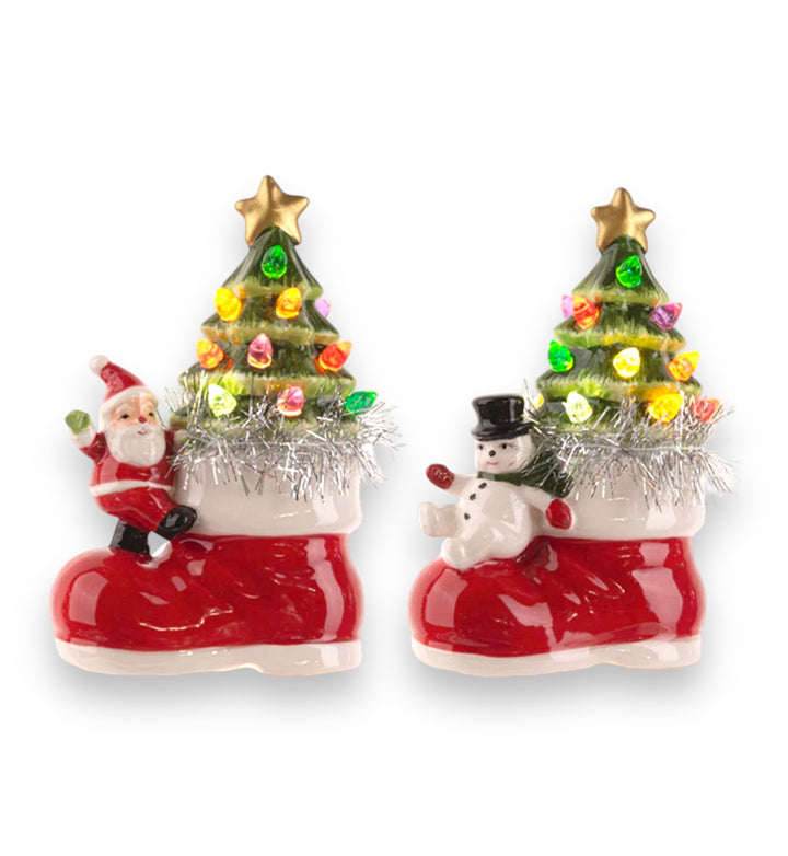 LED Light Up Santa & Snowman w/Tree in Boot Figurines Set/2