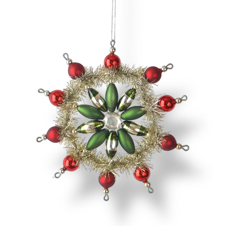 Vintage Style Glass & Tinsel Snowflake Ornament GREEN