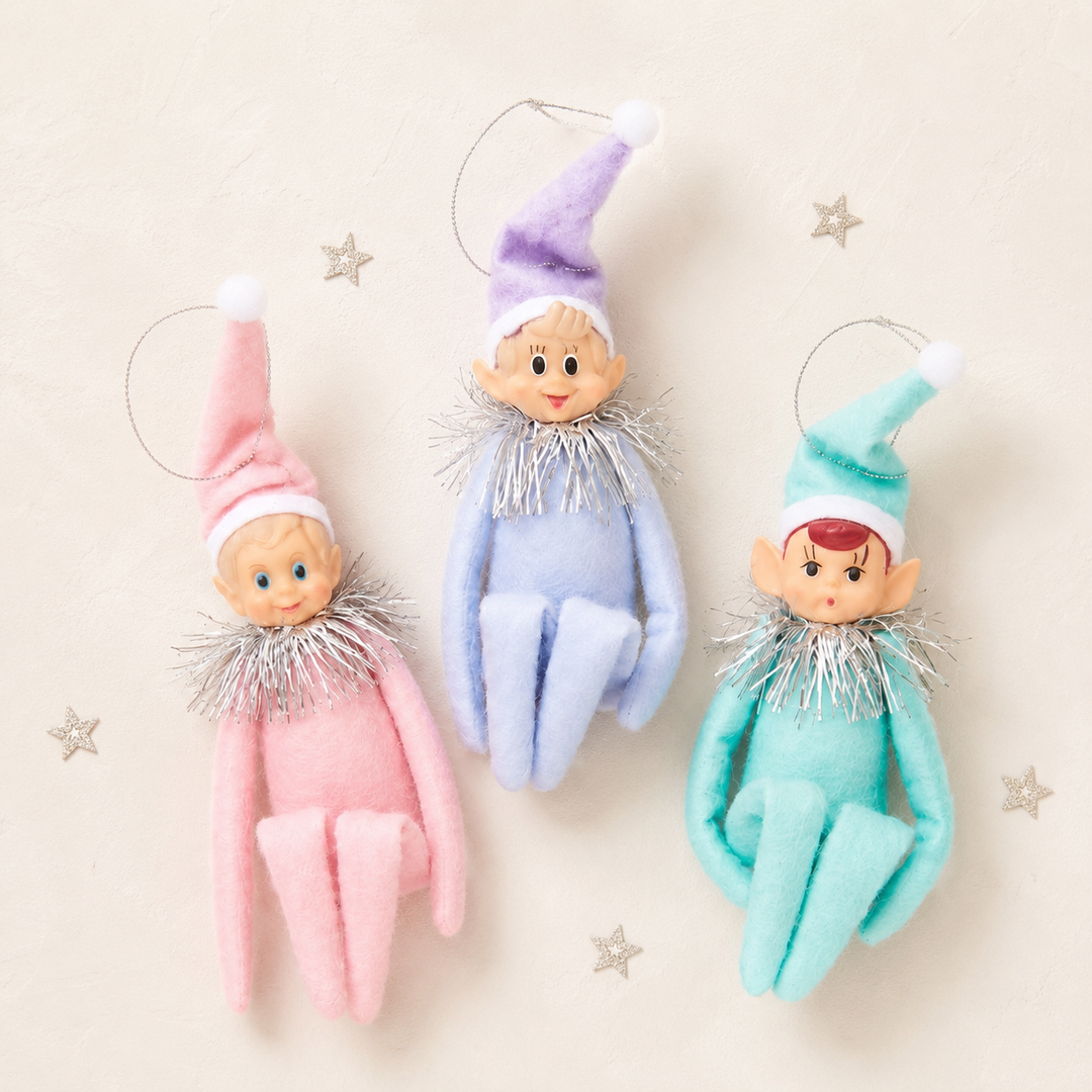 Pastel MCM KneeHugger Elf Ornaments Set of 3 by Bethany Lowe — Vintage Reproduction Christmas Ornaments