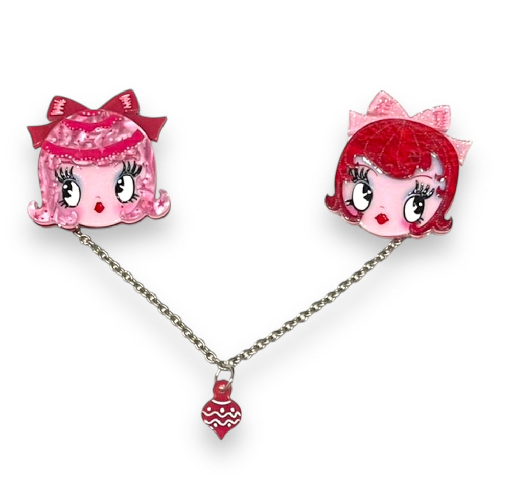 Dolly Sisters Double Brooch by Miss Fluff x Lipstick & Chrome — whimsical printed and engraved characters, 14 individual pieces