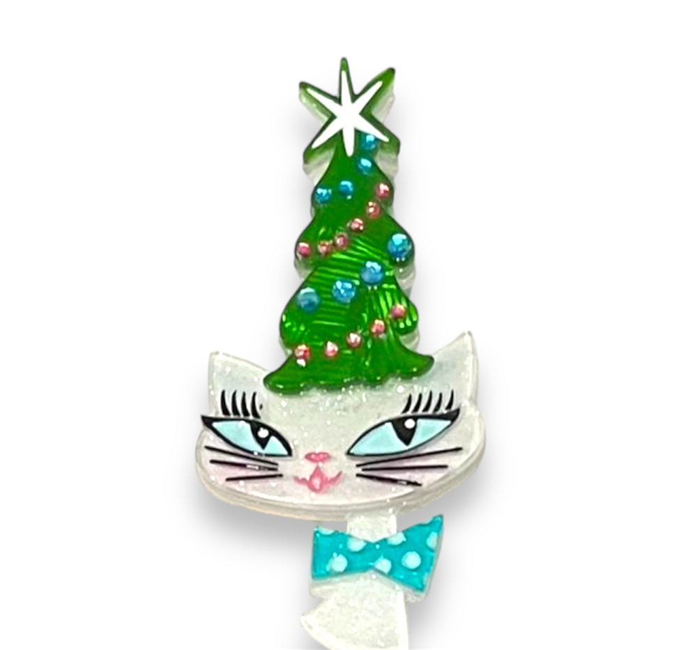 Kitty Christmas Hat Brooch by Miss Fluff x Lipstick & Chrome — festive cat in Santa hat, marble and glitter resins, crystal accents, 26 pieces
