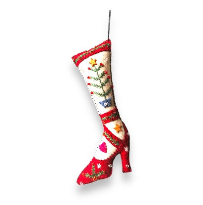 6.5" Red High Heeled Shoe w/White Stocking & Tree Branch