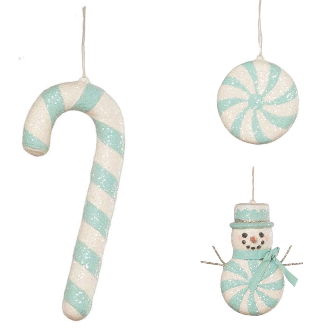 Aqua Peppermint & Candy Cane Ornament Bundled Set of 3 by Bethany Lowe