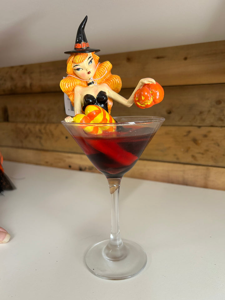 SECOND Pumpkin Spice & Everything Naughty Orange Witch in Martini Glass 10"Figurine | December Diamonds