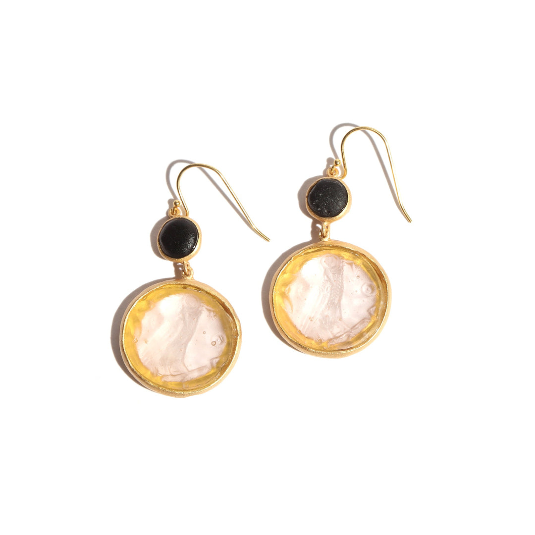 Glass Coin of Athens Motif Double Drop Earrings