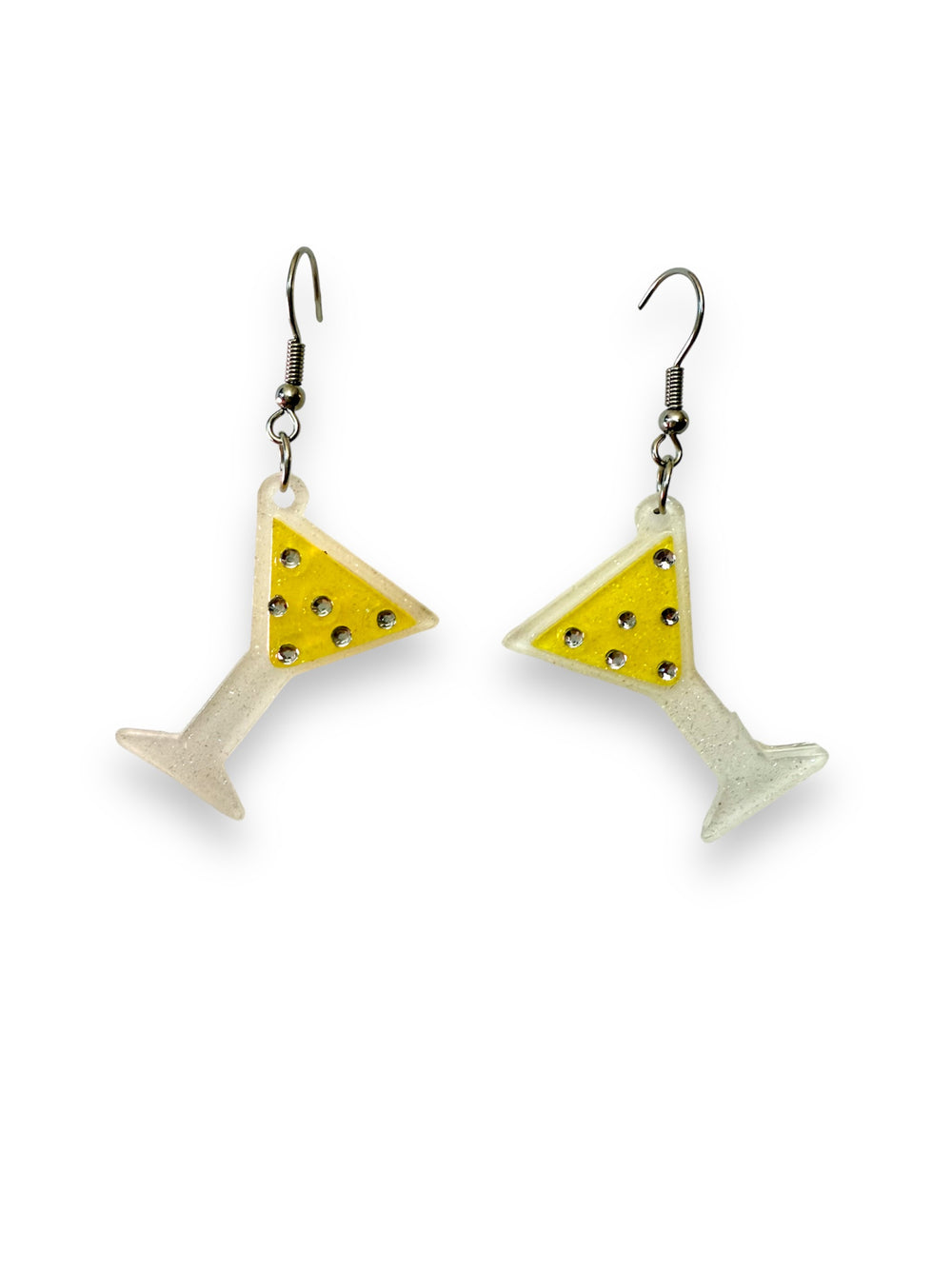 Martini Drop Earrings by Lipstick & Chrome — laser-cut jelly and glitter resin earrings with crystal accents