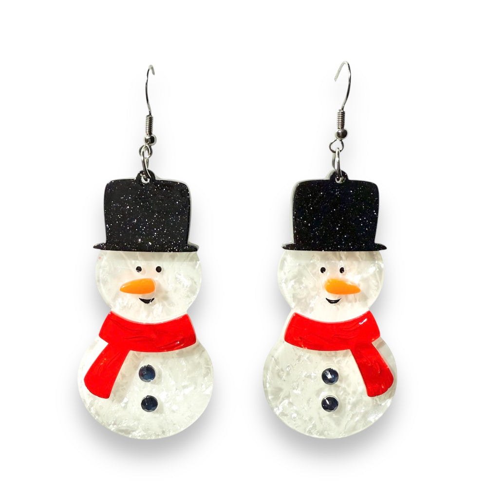 Frosty Friends Earrings product shot — snowman drop earrings with crystal accents by Lipstick & Chrome