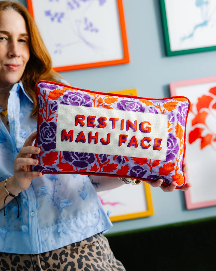 Resting Mahj Face Needlepoint Pillow