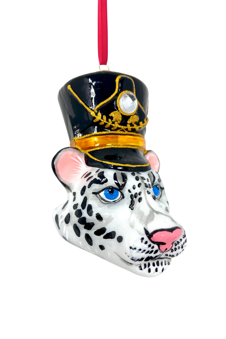 Royal Guard Snow Leopard Head Glass Ornament