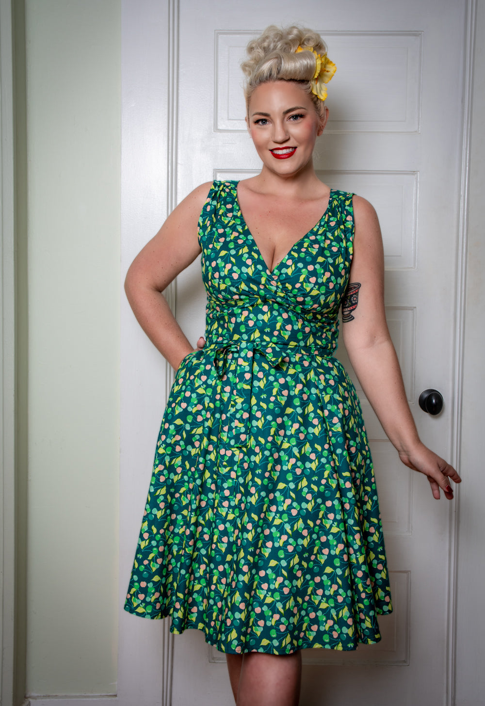 Marie Dress - Green Cherries *sale